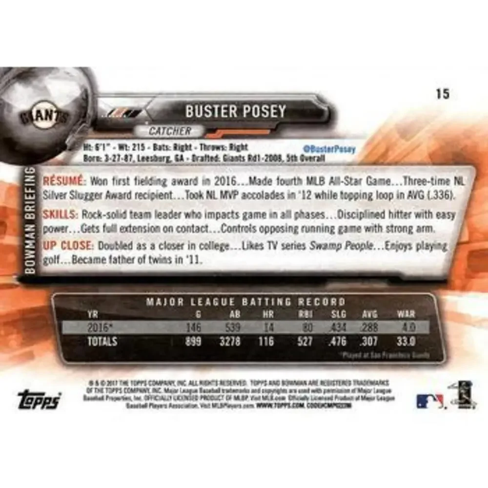 2017 Bowman Buster Posey # 15 San Francisco Giants